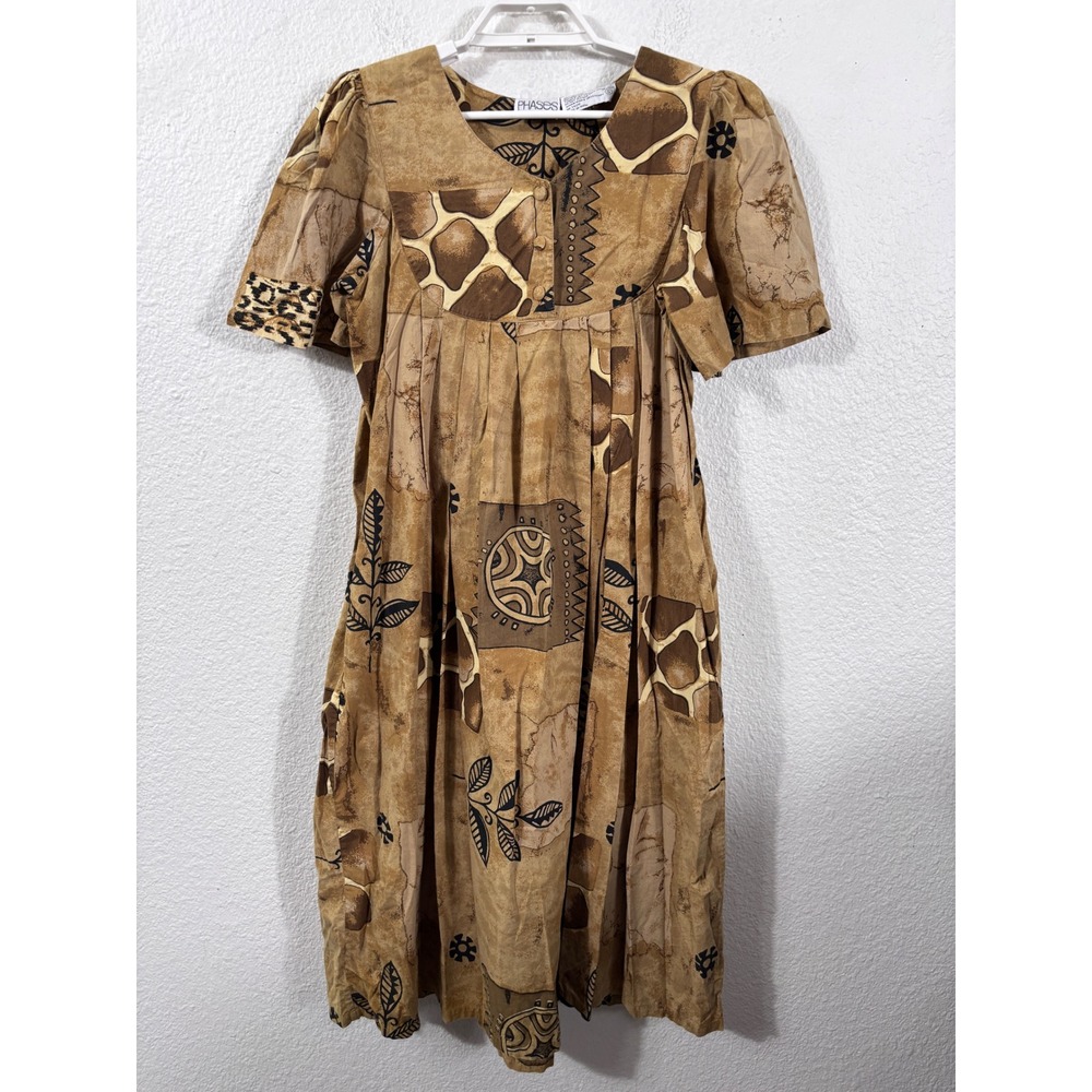 Phases‎ House Dress Womens S Brown Vintage Cotton Safari Animal Print Pockets